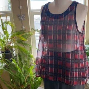 Sheer high low tank blouse in red and blue plaid